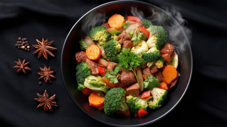 A stunning bowl of stir fry showcasing vibrant vegetables and tender meat, seasoned with spices and presented in a dark setting to enhance its flavors and appeal.の素材
