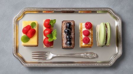 A visually striking silver serving tray showcases a variety of colorful desserts, including fresh berries and elegant pastries, perfect for celebrations and gourmet occasions.の素材