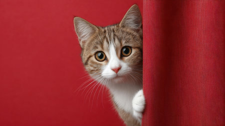 An adorable cat is peeking from behind a red curtain, with one paw visible, showcasing its playful personality in a charming indoor setting filled with warmth.の素材