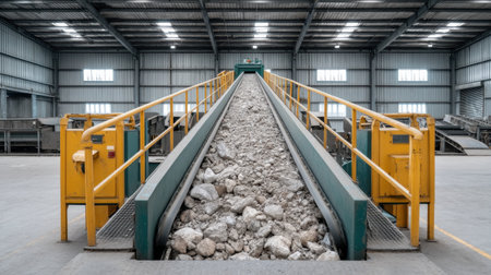 An industrial conveyor belt system efficiently transports aggregate materials within a large recycling facility, emphasizing advanced waste management and sustainable resource practices.の素材