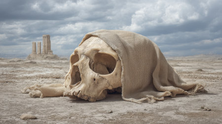 A haunting scene featuring a skull draped in ripped cloth lying on a barren landscape, with an eerie atmosphere created by a dramatic sky and distant ruins.の素材