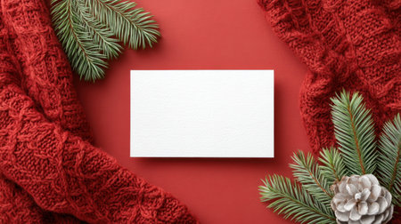A beautiful blank winter greeting card rests on a vibrant red background, surrounded by cozy Christmas decor and green pine accents, perfect for seasonal messages.の素材