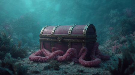 A mesmerizing underwater scene featuring a protective octopus entwined around a glowing treasure chest, surrounded by vivid marine life and serene ocean depths.の素材