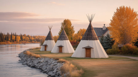Capture the beauty of a heritage village with traditional teepees by a riverbank, set against vibrant autumn colors in a serene and tranquil landscape.の素材