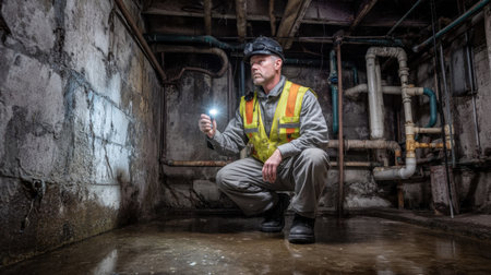 A professional worker inspects a damp basement using a flashlight, showcasing essential safety gear. The image captures the importance of careful inspection and maintenance.の素材