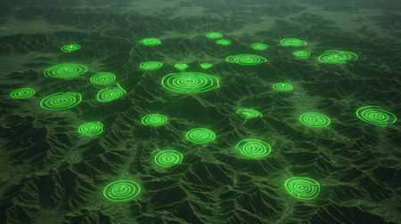 This image features an abstract design with green circular patterns scattered across a mountainous terrain, merging technology with nature in an innovative way.の素材