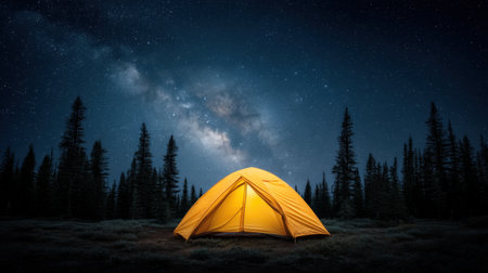 A stunning view of a bright yellow tent illuminated under a star-filled sky in a serene forest clearing, showcasing the beauty of nature at night with the Milky Way.の素材