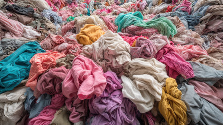 A stunning close-up of a chaotic pile of mixed fabrics in vibrant colors, showcasing overflowing textures and a unique artistic composition of soft textiles.の素材