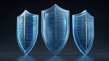 This image features three transparent shields in a modern 3D design, representing themes of protection and security in a digital environment. Perfect for tech-related projects.の素材