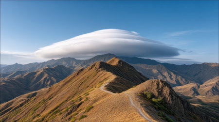 Experience the captivating beauty of lenticular clouds floating over a mountain ridge under a clear blue sky. Perfect for nature enthusiasts and photographers.の素材
