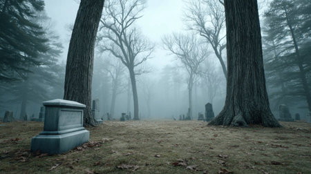 Mysterious and atmospheric scene showcasing tombstones enveloped in thick mist at dawn, surrounded by towering trees, creating an eerie and haunting ambiance.の素材