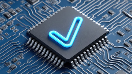 Eye-catching neon checkmark symbol integrated into a motherboard, representing technology, verification, and innovation in digital design. Perfect for modern graphics.の素材