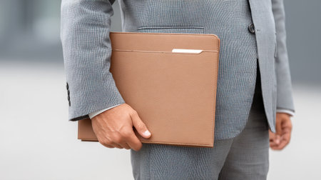 A professional manager holds an organized file, ready for a meeting. Dressed in elegant business attire, he presents confidence and readiness in a corporate environment.の素材