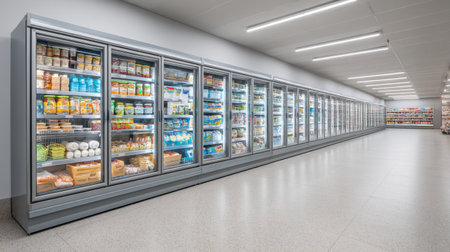 A modern supermarket refrigerator aisle featuring illuminated shelves filled with a variety of fresh and frozen products, highlighting organized displays and clean design.の素材