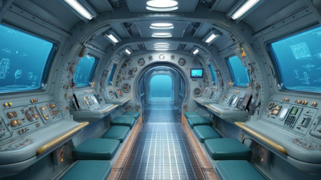 A sleek and modern submarine interior showcases sophisticated control panels, comfortable seating, and expansive windows revealing an underwater view, designed for exploration.の素材
