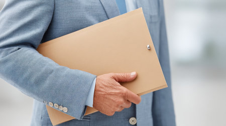 A professional manager confidently holds a folder in a business setting, showcasing readiness and organization for important meetings and tasks ahead.の素材