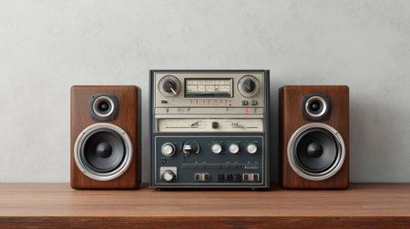A stunning vintage audio system featuring wooden speakers, ideal for showcasing retro charm. Perfect for music enthusiasts and interior design lovers.の素材