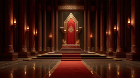 Explore a stunning dark palace interior showcasing a grand throne adorned with glowing gold accents and rich red elements, exemplifying luxury and elegance.の素材