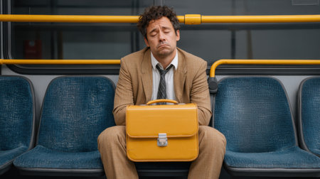 A businessman sits slumped on a bus seat, tired and weary, with a yellow briefcase on his lap, showcasing the struggles of daily commuting and work fatigue.の素材