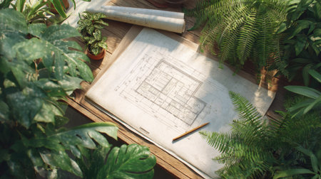 A stunning architectural blueprint lies on a wooden table, surrounded by abundant greenery and natural light, symbolizing creativity and inspiration in a tranquil workspace.の素材