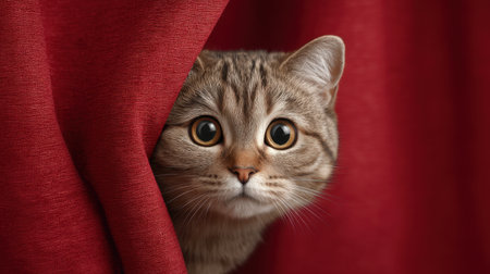 A charming cat peeks through a red velvet curtain, illuminated by soft golden light. This adorable moment highlights the cat's curious expression, inviting a sense of warmth and playfulness.の素材