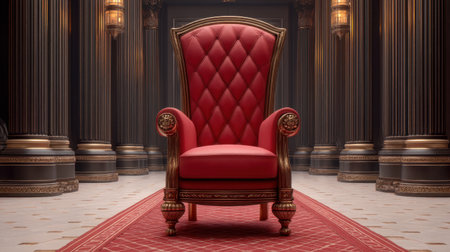A stunning ornate red throne sits on a plush velvet carpet within a dark, luxurious interior, framed by majestic pillars and rich decorative details.の素材