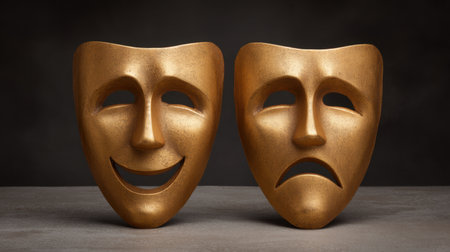 This image captures golden comedy and tragedy masks softly illuminated, representing emotion and expression in theater, perfect for arts and performance themes.の素材
