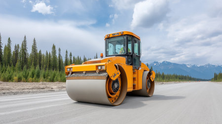 A bright yellow roller machine is efficiently compacting tar on a newly constructed road surrounded by pine trees and mountains under a clear blue sky.の素材
