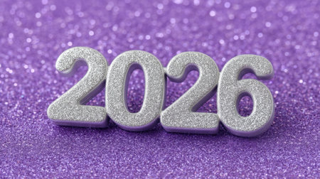 A shimmering silver 2026 number sits on a vibrant purple background adorned with sparkles, perfect for New Year's celebrations or party decorations.の素材