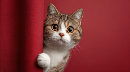 A charming cat peeks out playfully from behind a vibrant red curtain. Its captivating eyes and soft fur create an endearing scene in any indoor setting.の素材