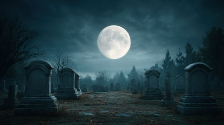 A haunting graveyard scene set under a luminous full moon, shrouded in dark clouds. The atmosphere is filled with mystery and serenity, perfect for spooky themes.の素材
