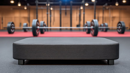 A sleek black podium positioned in a contemporary gym, surrounded by barbells, perfect for showcasing powerlifting drills and fitness training techniques.の素材