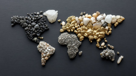 Explore a stunning representation of a world map crafted from various natural stones and minerals, perfect for creative projects and artistic displays.の素材