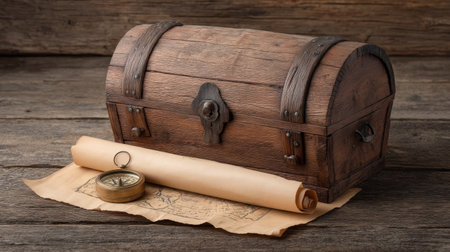 Discover a rustic wooden chest adorned with a scroll and compass, set against a weathered wooden background. Perfect for themes of adventure and exploration.の素材