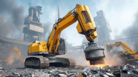 Capture the dynamic energy of a demolition site featuring a powerful excavator lifting debris. Smoke and dust fill the air in an industrial setting, showcasing activity.の素材