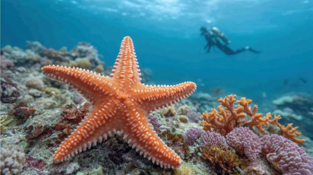A stunning view of a vibrant starfish resting on a stunning coral reef, showcasing the rich marine life while a diver explores the serene underwater ecosystem nearby.の素材