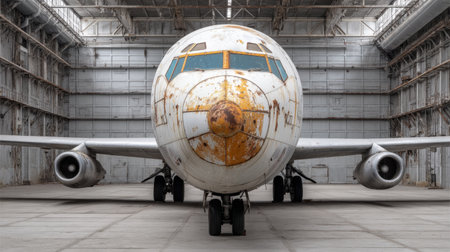 This striking image captures a rusting aircraft nose, showcasing wear and decay in a vast industrial space, embodying the intersection of aviation history and time.の素材
