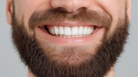 A vibrant portrait of a smiling man showcasing a neat beard and perfect tee. His bright expression reflects joy and confidence, making it ideal for lifestyle and health themes.の素材