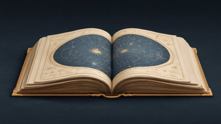 An enchanting open book features stunning illustrations of a magical night sky, showcasing celestial patterns and stars across its pages. Perfect for inspiration.の素材