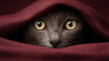 A captivating close-up of a curious cat's eyes peeking out from crimson fabric. This image evokes emotions of intrigue and comfort, showcasing the beauty of feline expression.の素材