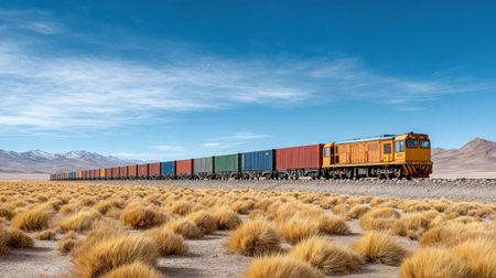 A vibrant cargo train moves through a stunning landscape, carrying containers across a vast expanse of nature with mountains and a beautiful blue sky in the background.の素材