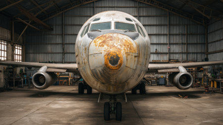 Captivating view of an oxidized airplane nose section set in a hangar, surrounded by tools, showcasing the beauty of vintage aviation and industrial maintenance.の素材