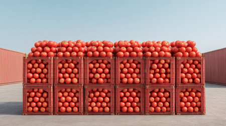 This image features a vibrant display of stacked red tomatoes in wooden bins, highlighted against a clear sky, creating a visual appeal for agricultural themes and food production.の素材
