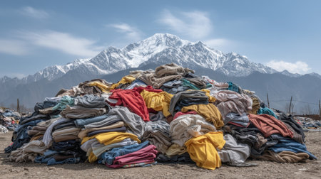 A vibrant display of clothing waste piled high in an outdoor location, set against the backdrop of stunning snow-capped mountains under a bright blue sky, highlighting environmental concerns.の素材