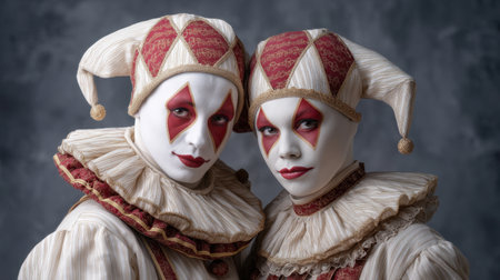 Explore the captivating world of traditional theatre with these stunning Pierrot performers in elegant costumes and striking masks, showcasing artistic expression and emotional depth.の素材
