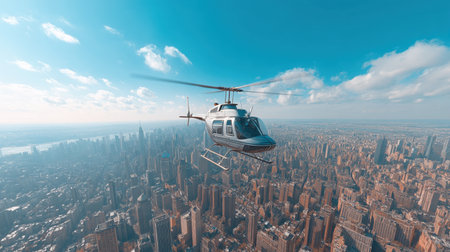 Experience the excitement of a helicopter soaring high above a vibrant city skyline, offering breathtaking views of urban architecture and clear blue skies.の素材
