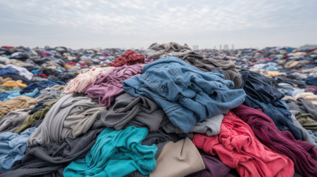 A striking image of a large pile of unwanted garments in an open area, highlighting the issues of fashion waste and its environmental impact. A call for sustainable choices.の素材