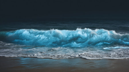 Experience the stunning beauty of ocean waves illuminated by vibrant plankton glow. This surreal image captures nature's wonders in a tranquil, dark setting.の素材