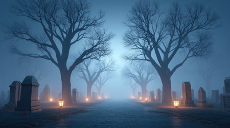 A serene yet eerie view of leafless trees enveloped in fog, framing a deserted cemetery path illuminated by lanterns, evoking a haunting atmosphere.の素材