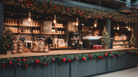 Experience the enchanting ambiance of this decorated coffee shop bar counter enhanced with fairy lights and festive decorations, ideal for winter gatherings and warm moments.の素材